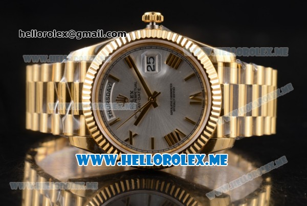 Rolex Day-Date Clone Rolex 3255 Automatic Yellow Gold Case/Bracelet with Silver Dial and Roman Numeral Markers - Click Image to Close